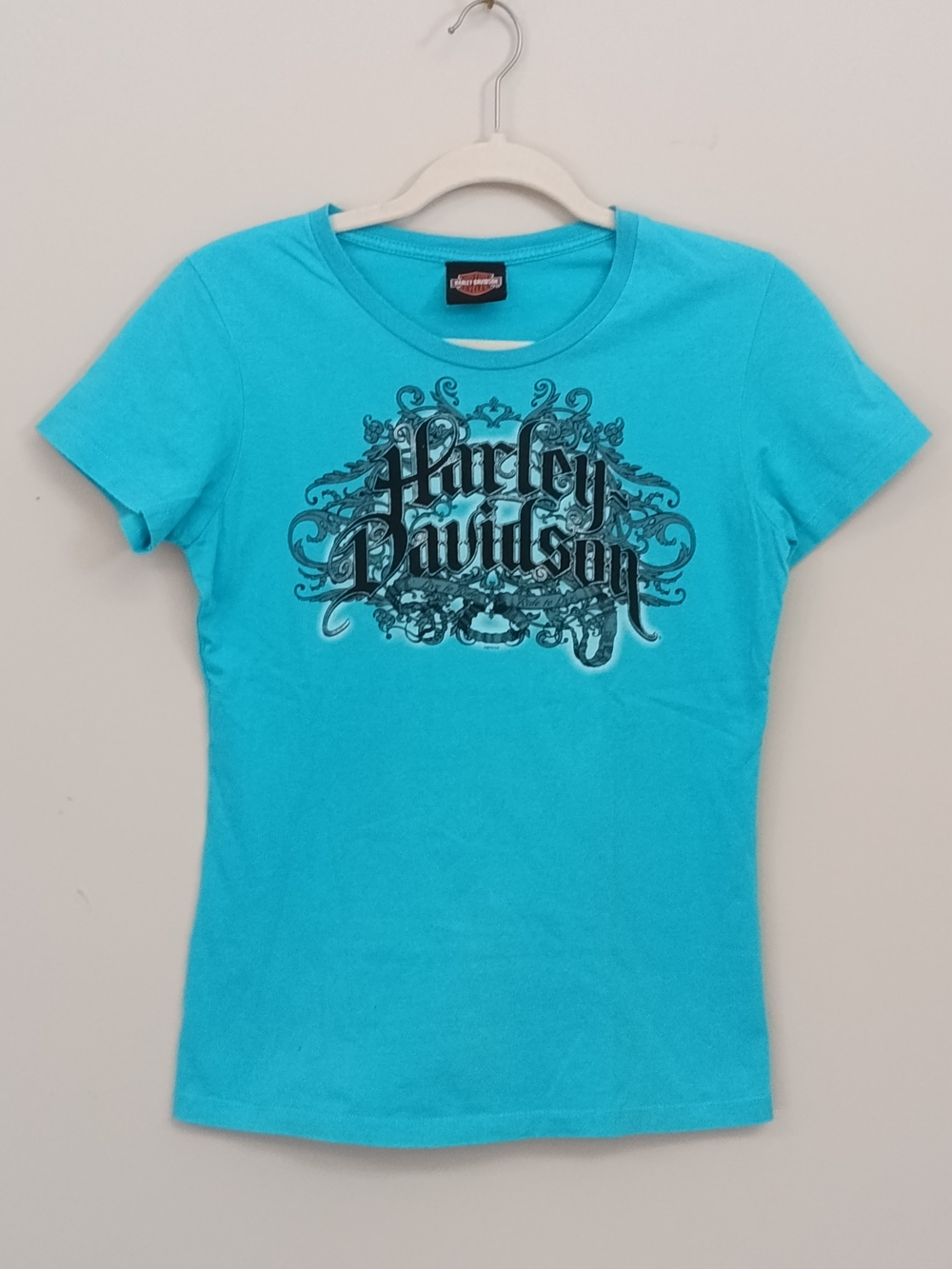 Harley-Davidson Motorcycle Y2K Teal Biker Fitted Graphic Tee Grunge M